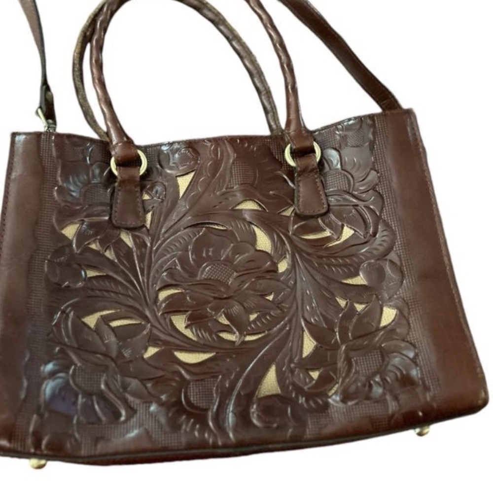 Patricia Nash Women's‎ Leather Satchel British Tan Floral Design Bag